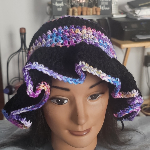 Crochet Purple multi and Black Ruffle Bucket Hat main image 7
